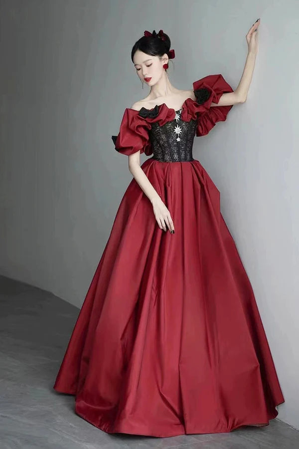 Wholesale Burgundy Satin and Black Lace Floor Length Prom Dress Off the Shoulder Evening Party Dress